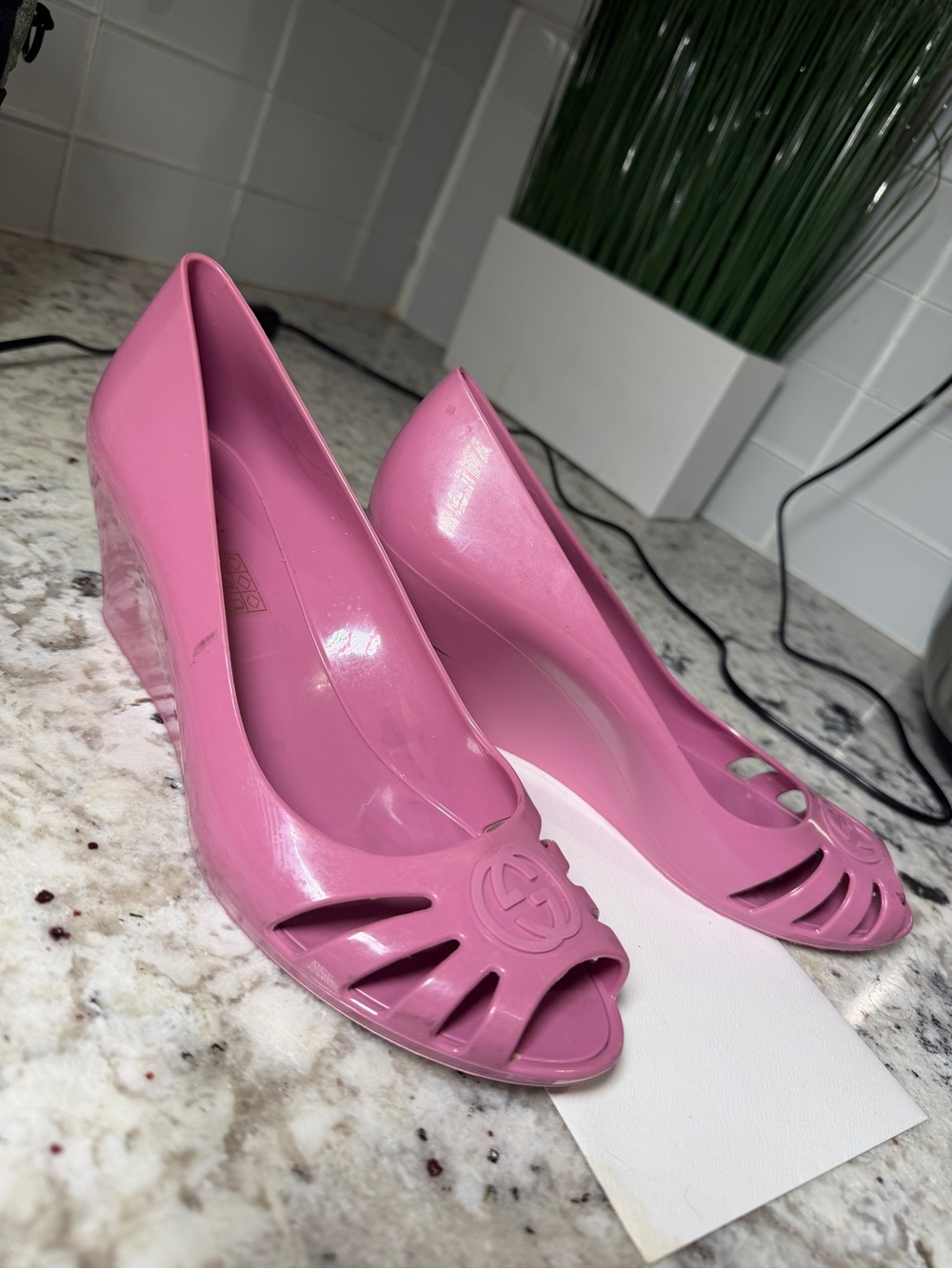 Gucci Pink Peep-Toe Wedge Pumps